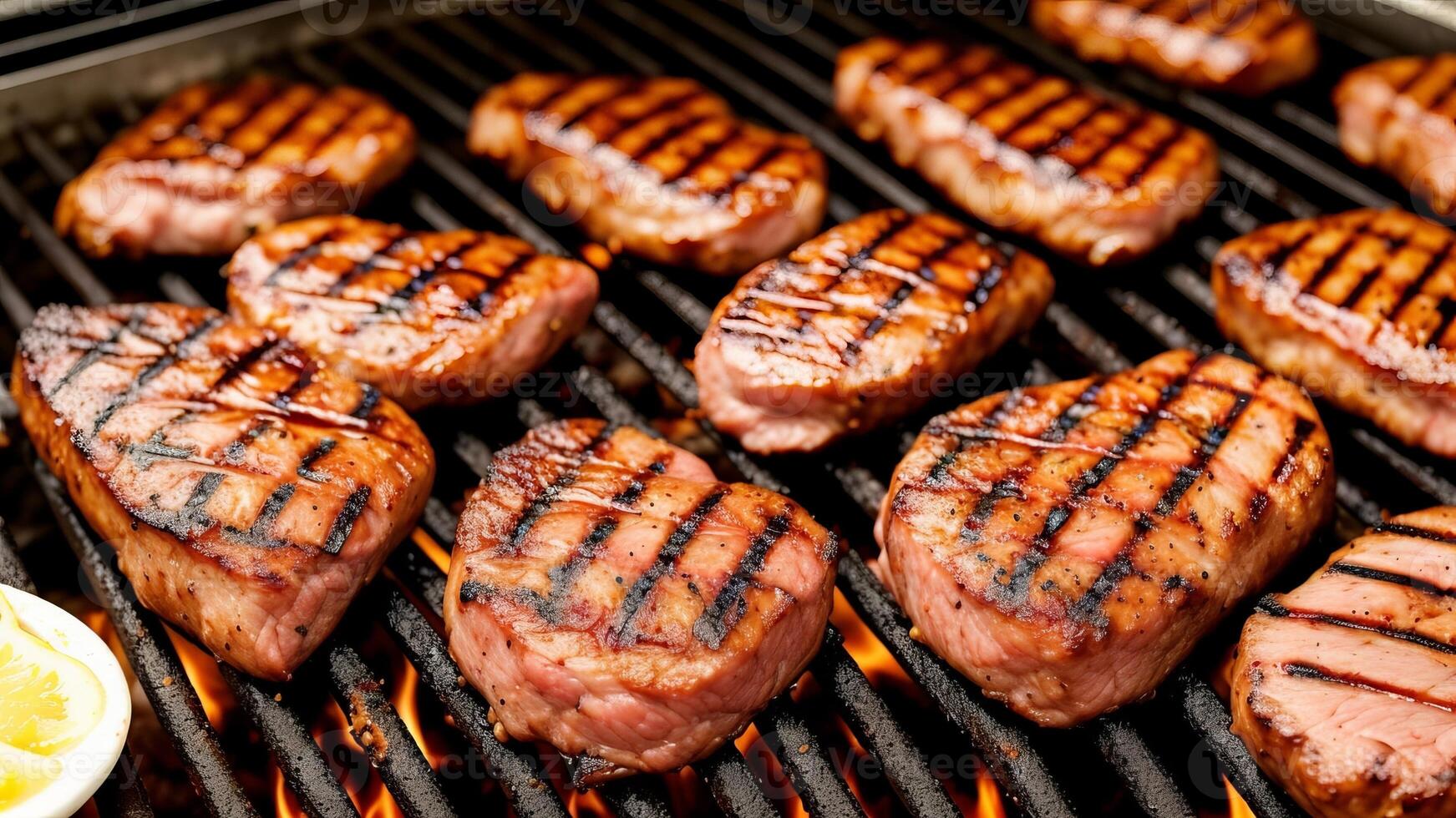 close up of meat on the grill and group of friends at background. photo