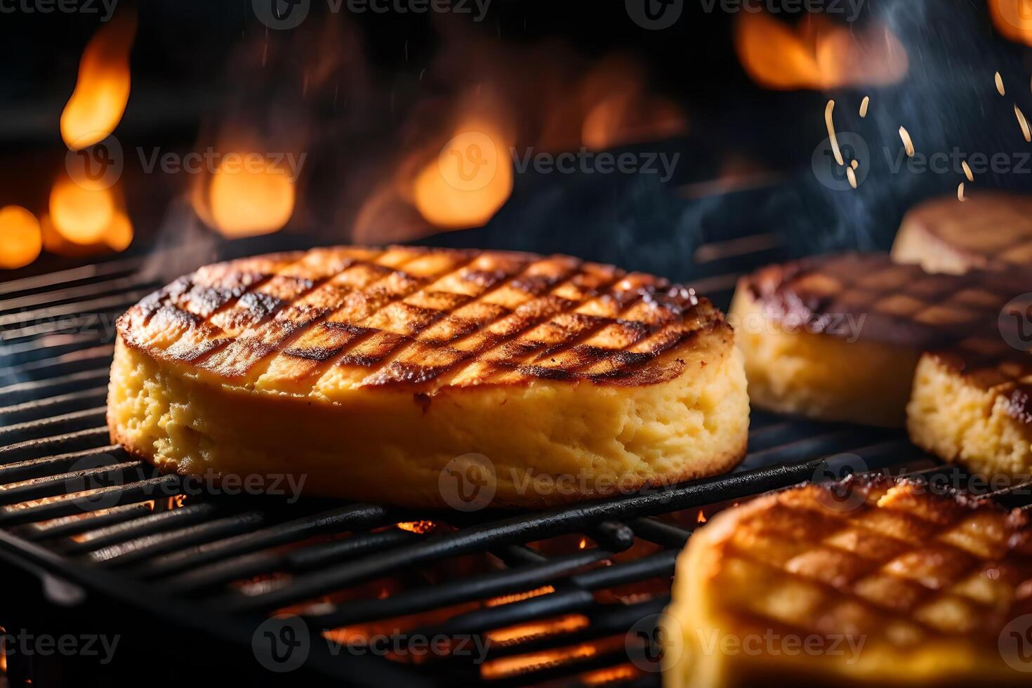 un cerca arriba de barbacoa pan de maíz siendo cocido en un parrilla con llamas en el antecedentes ai generado foto