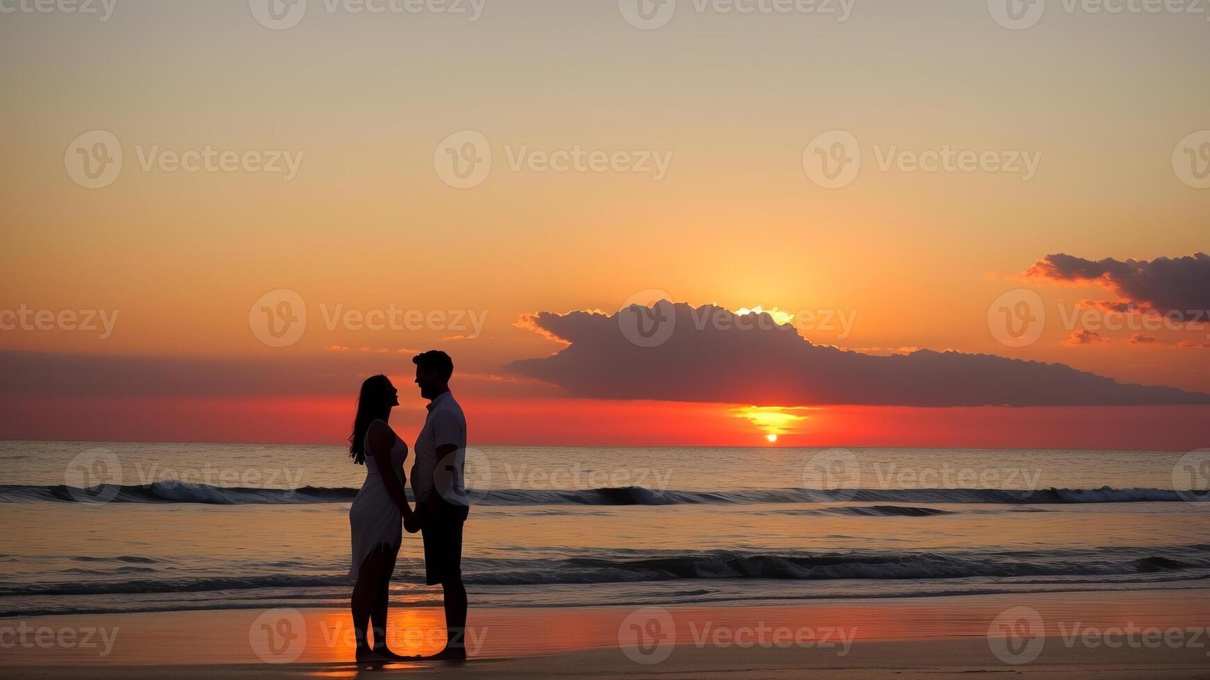 silhouette of a couple on the beach at sunset. photo