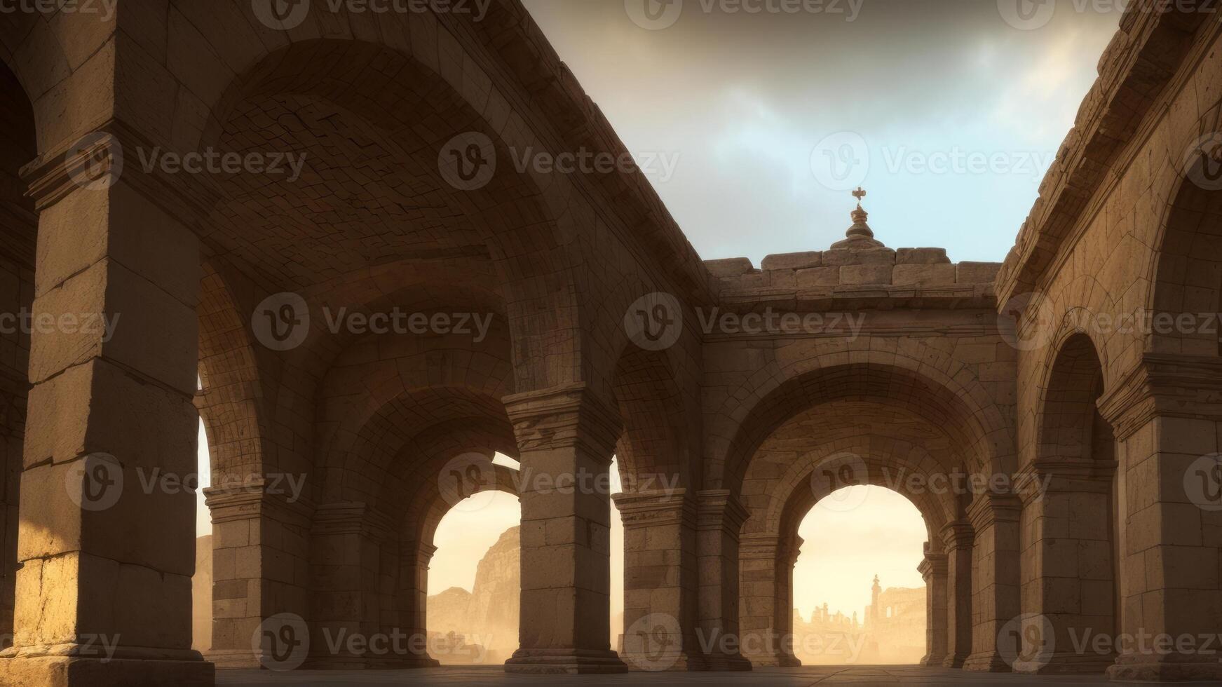 Ancient classic architecture stone arches with flames. photo