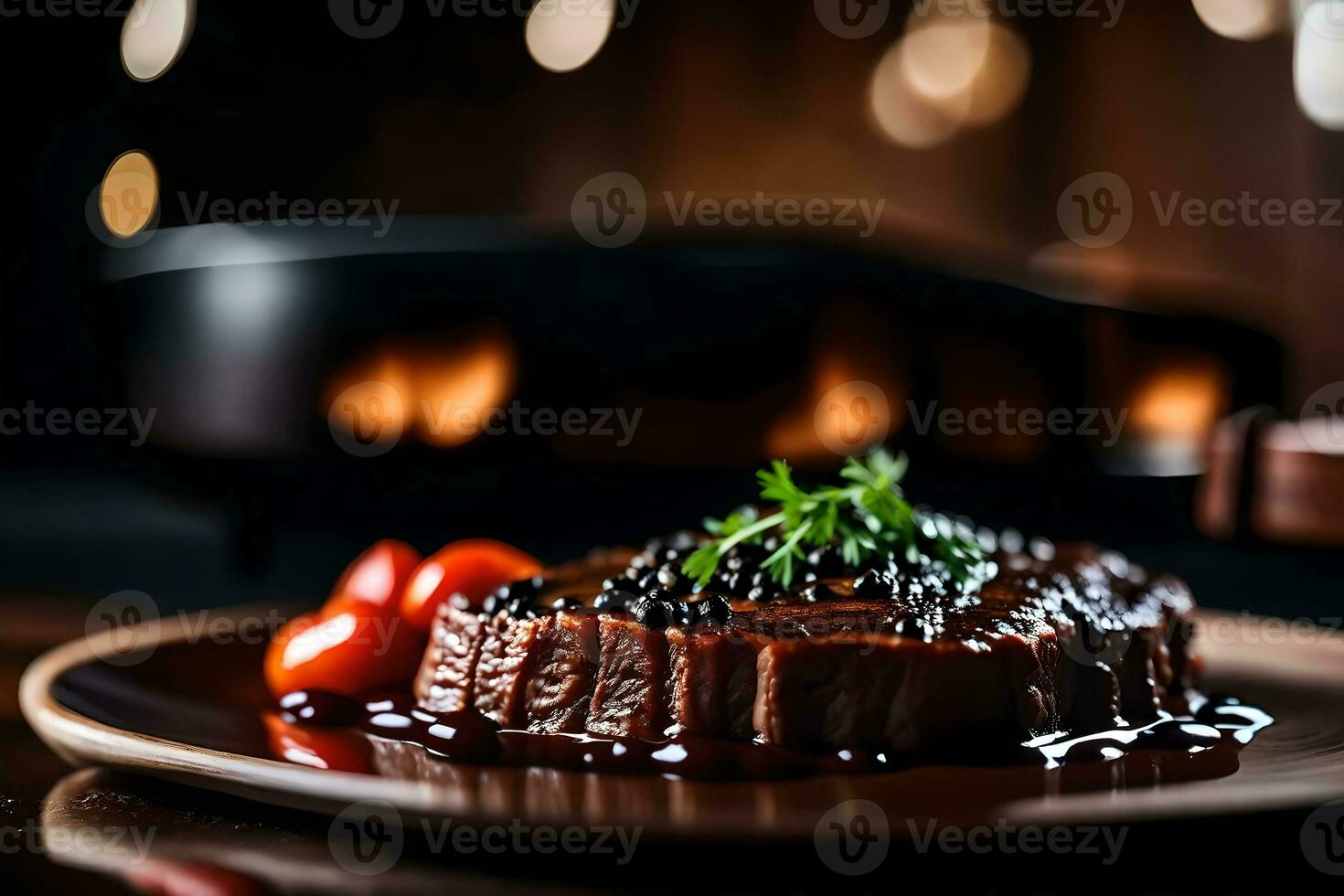 In the picture, the dish that stands out the most is a meal made with beef and sauce made from black beans The background is hard to see AI Generated photo