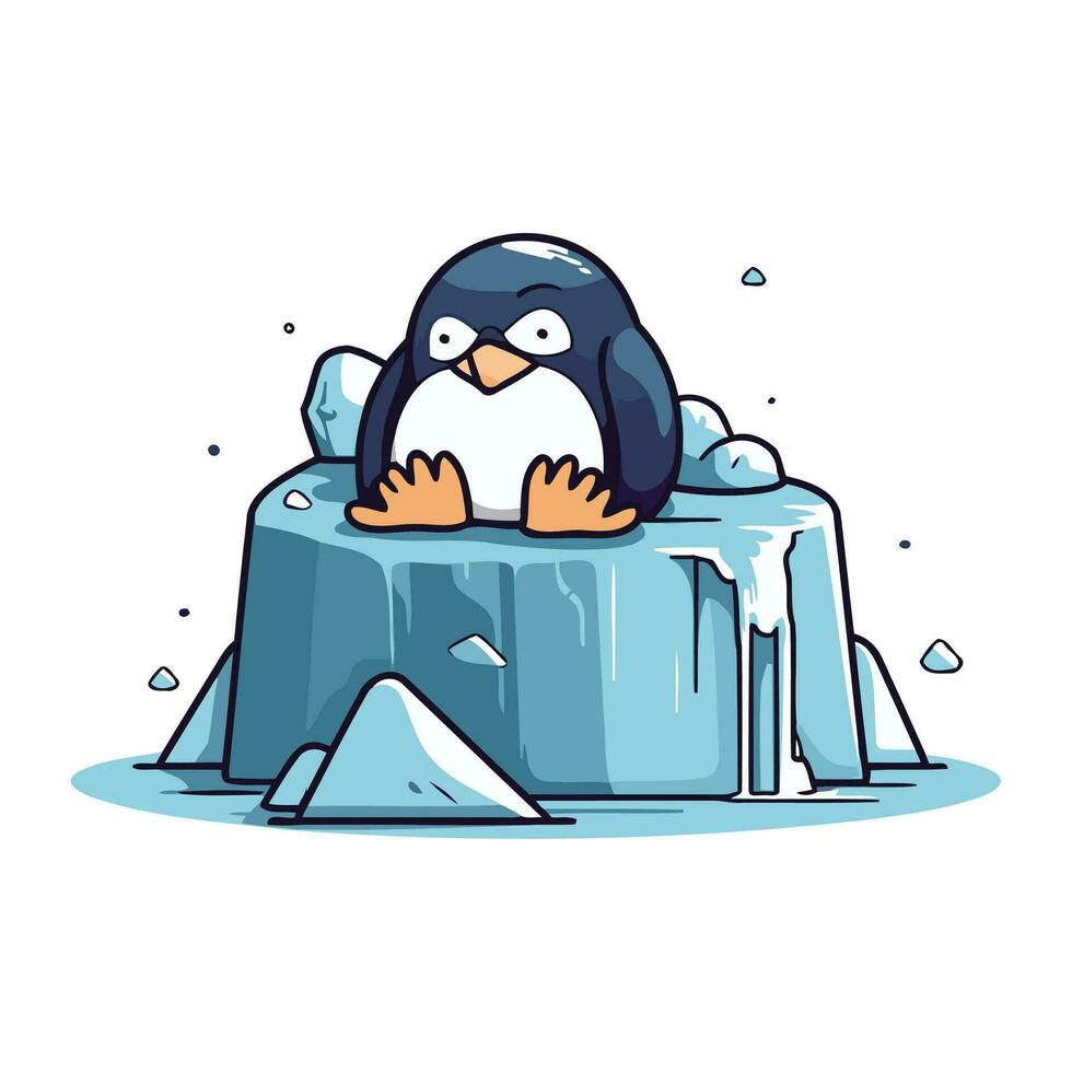 Cute penguin sitting on ice cube. Cartoon vector illustration.