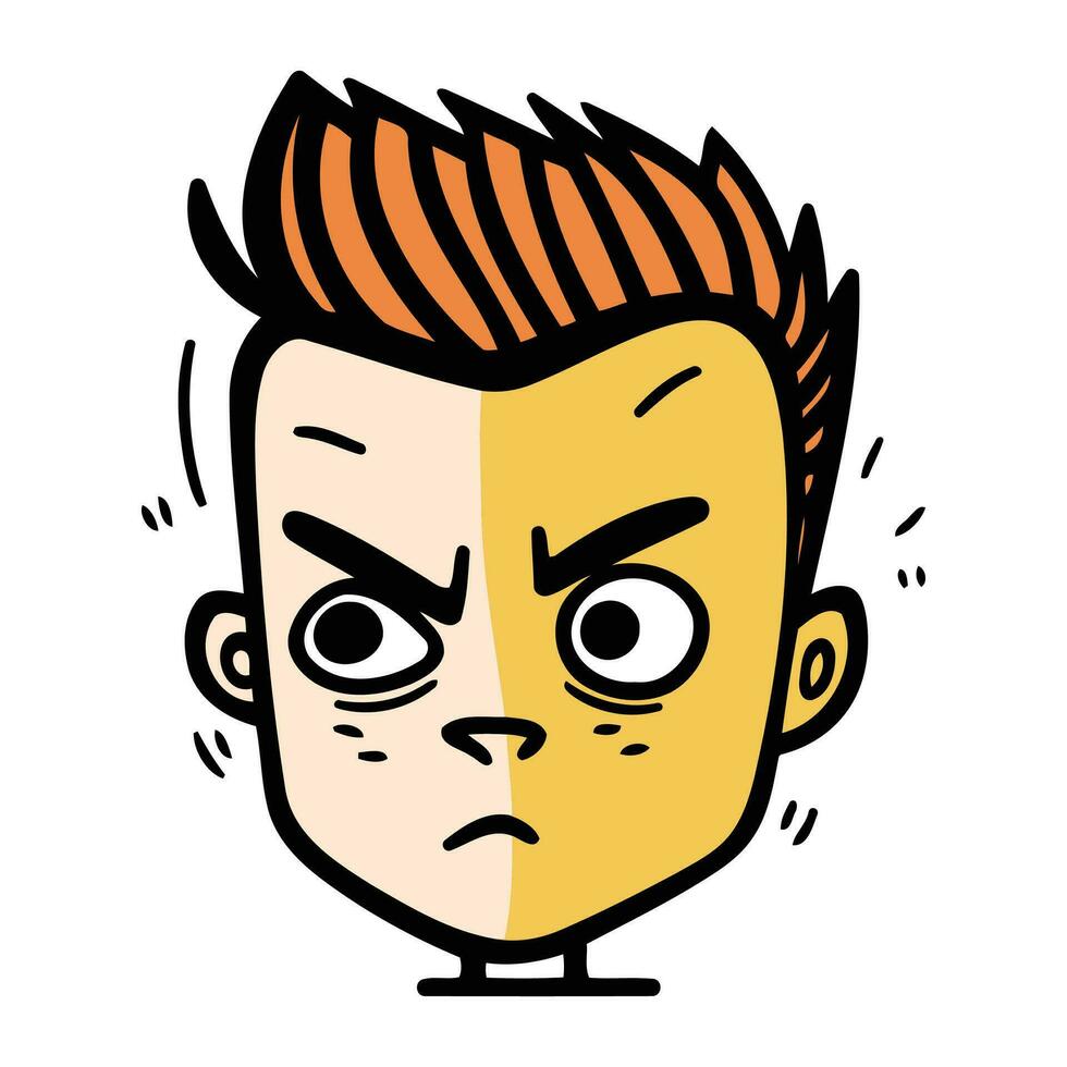 Funny cartoon face of man with angry expression. Vector illustration.