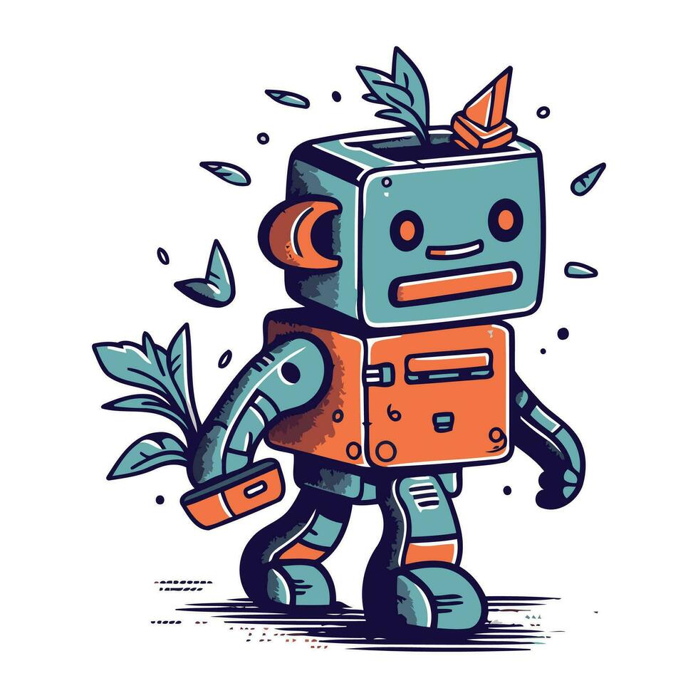 Robot with leaves. Vector illustration on white background. Isolated.