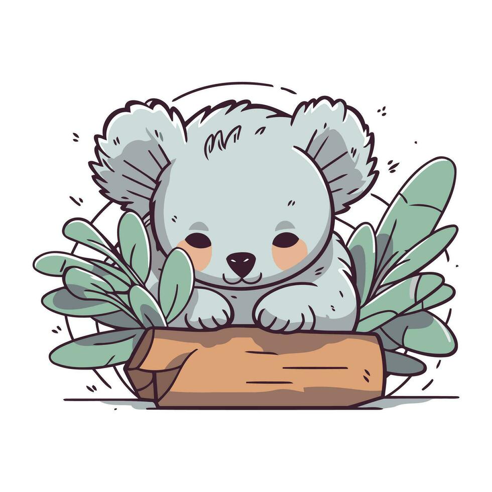 Cute koala sitting on a log with leaves. Vector illustration.