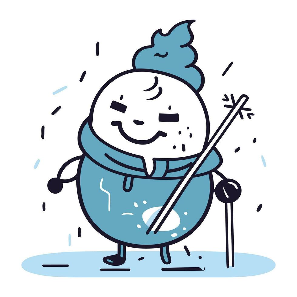 Vector illustration of a snowman in winter clothes holding a stick.