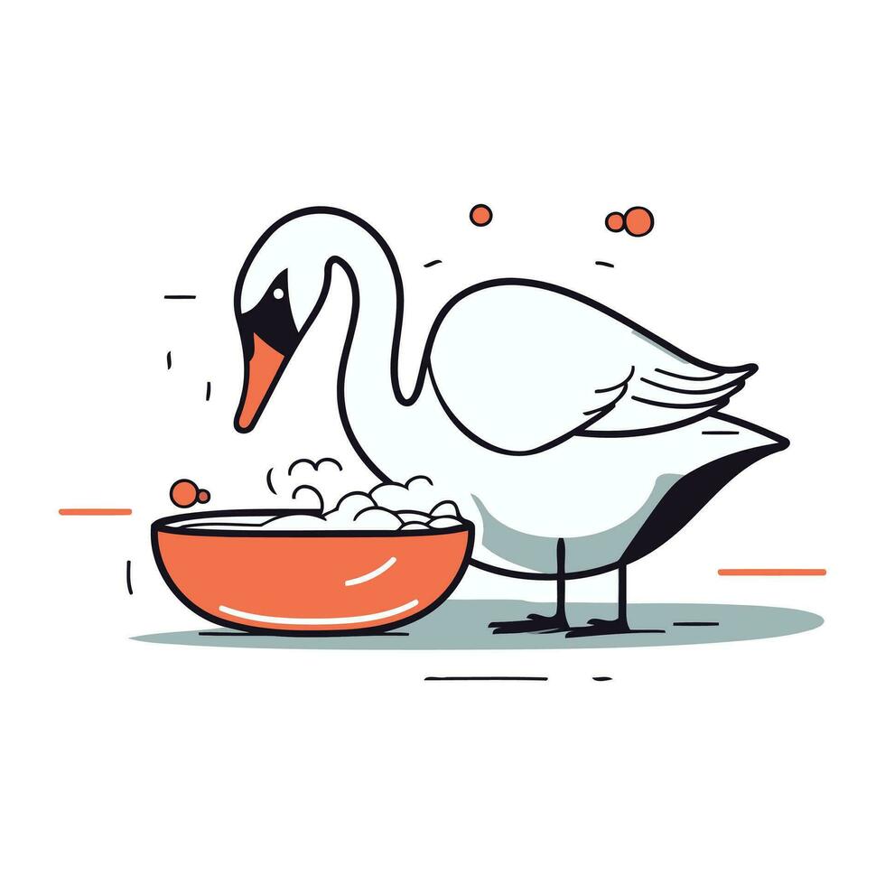 Swan and bowl of food. Vector illustration in line style.