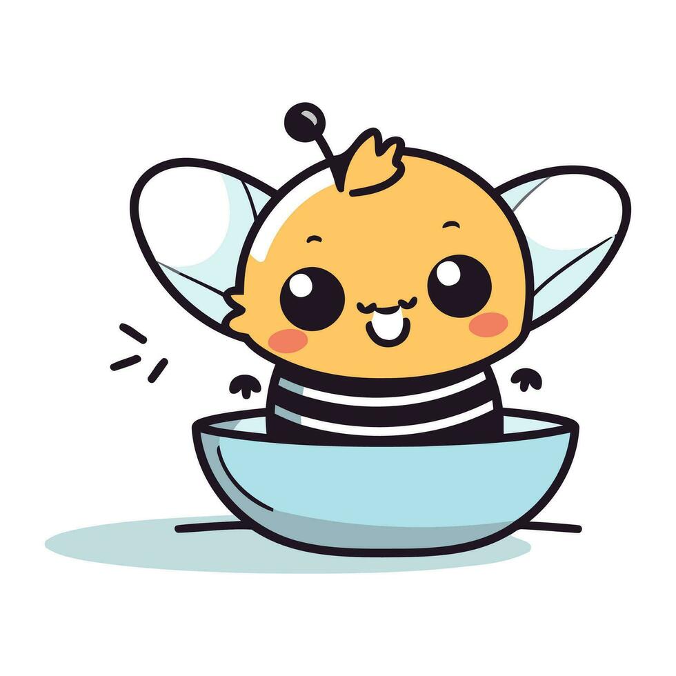 linda kawaii pequeño abeja volador en un bol. vector ilustración.