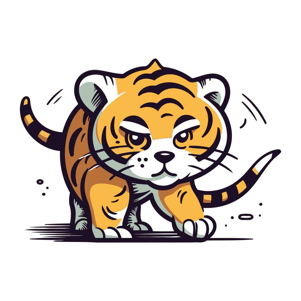 Cute tiger in cartoon style. Vector illustration isolated on white background.