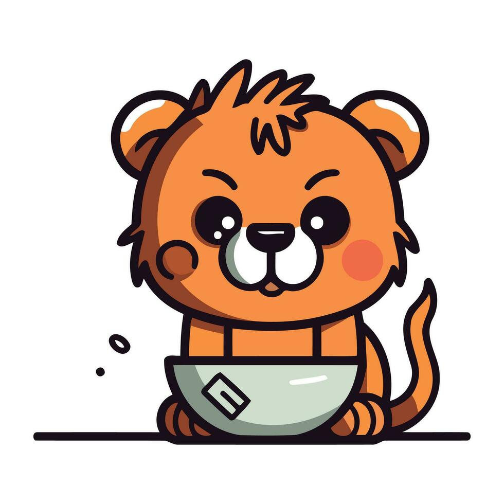 Cute cartoon hamster with a bowl of soup. Vector illustration.