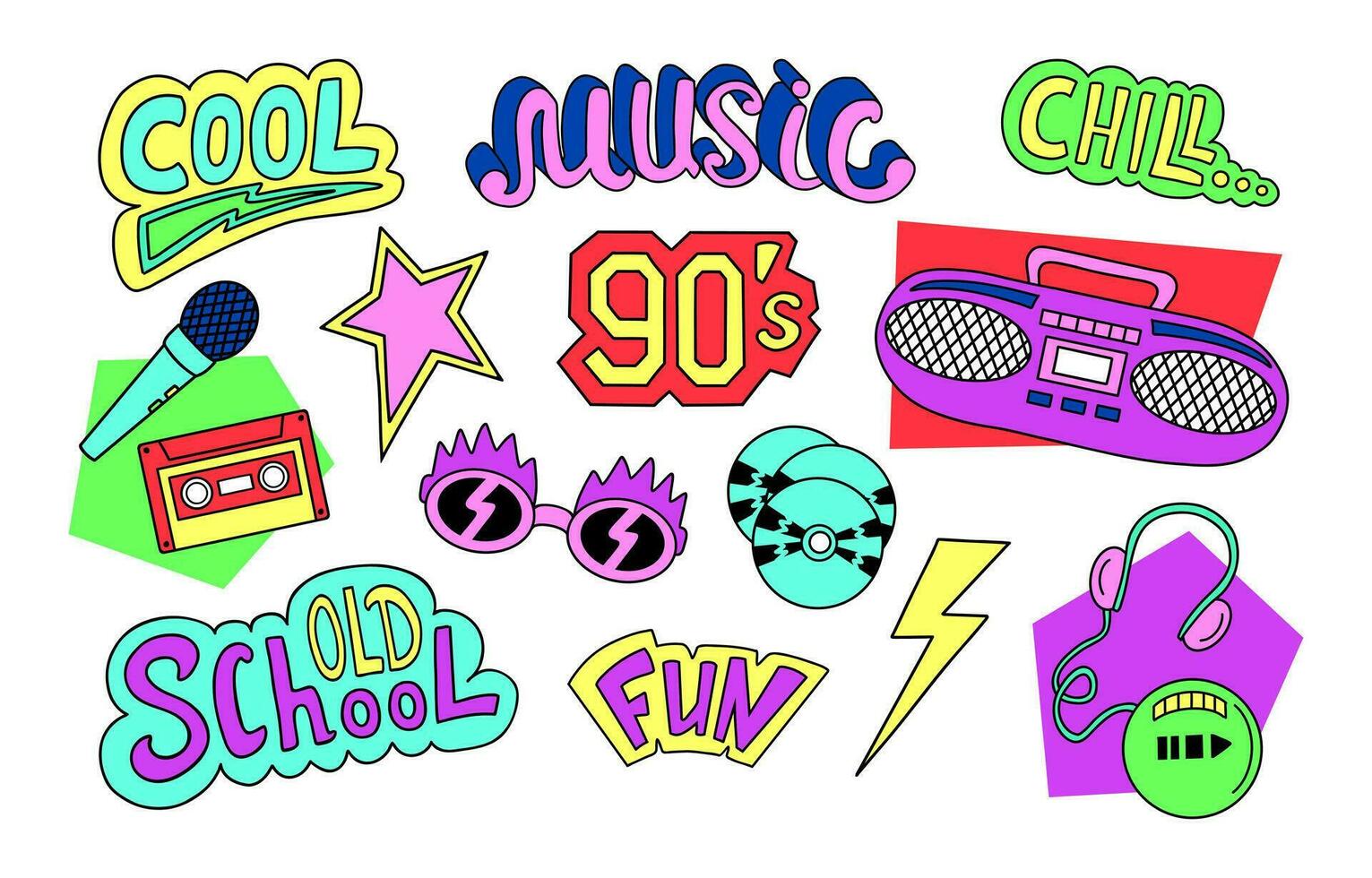 90s y 00s retro música nostalgia colocar. Clásico estéreo portátil, audio discos compactos jugador, casete. mano dibujado garabatear pegatinas con habla burbuja elementos, memphis estilo. contorno vector ilustración