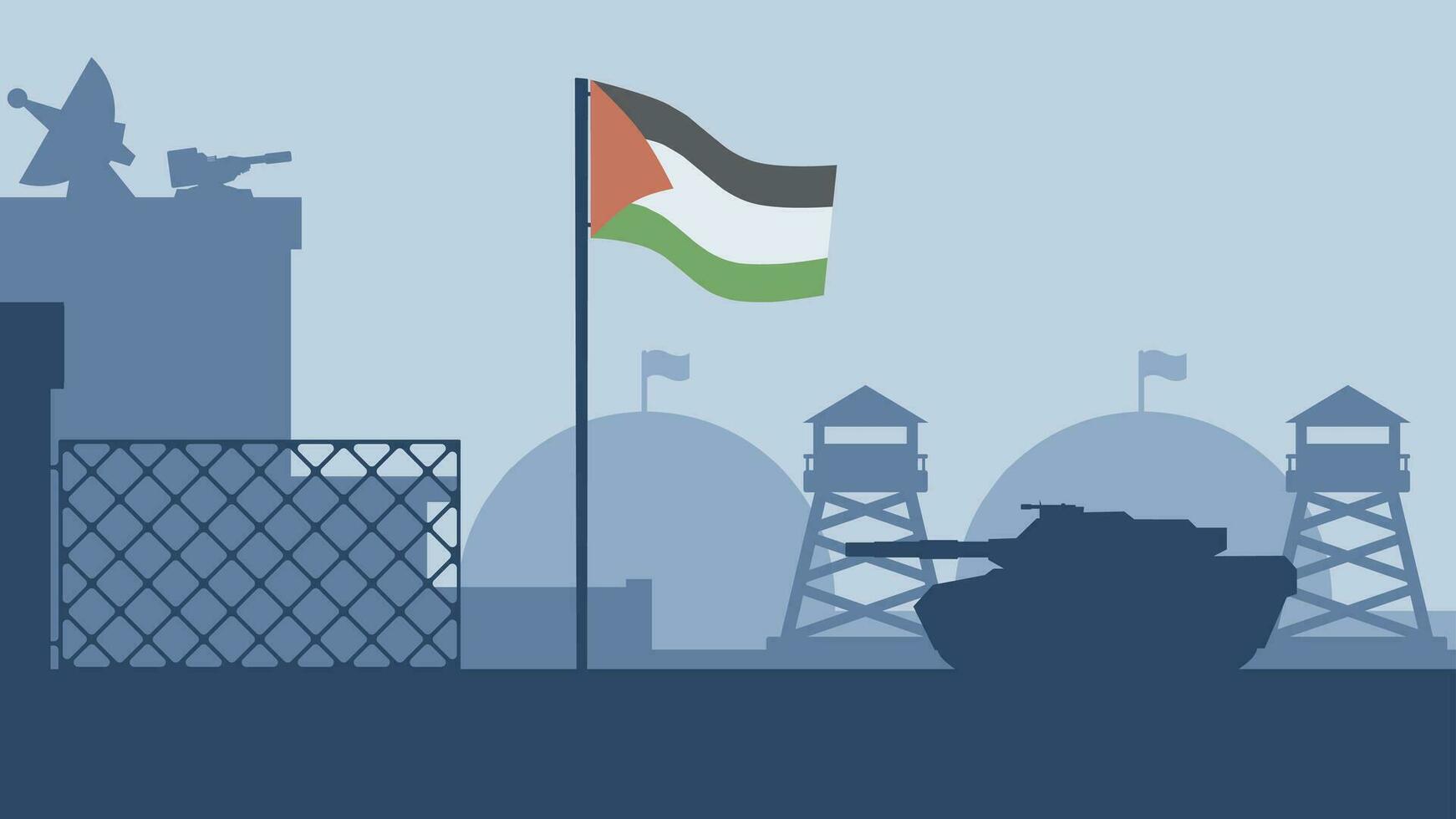 Palestine military base landscape vector illustration. Silhouette of military base with tank and palestine flag. Palestine illustration for background, wallpaper, issue and conflict