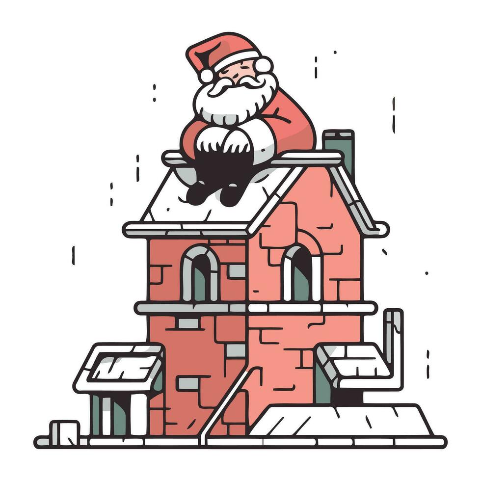 Papa Noel claus sentado en el techo de un casa. vector ilustración.