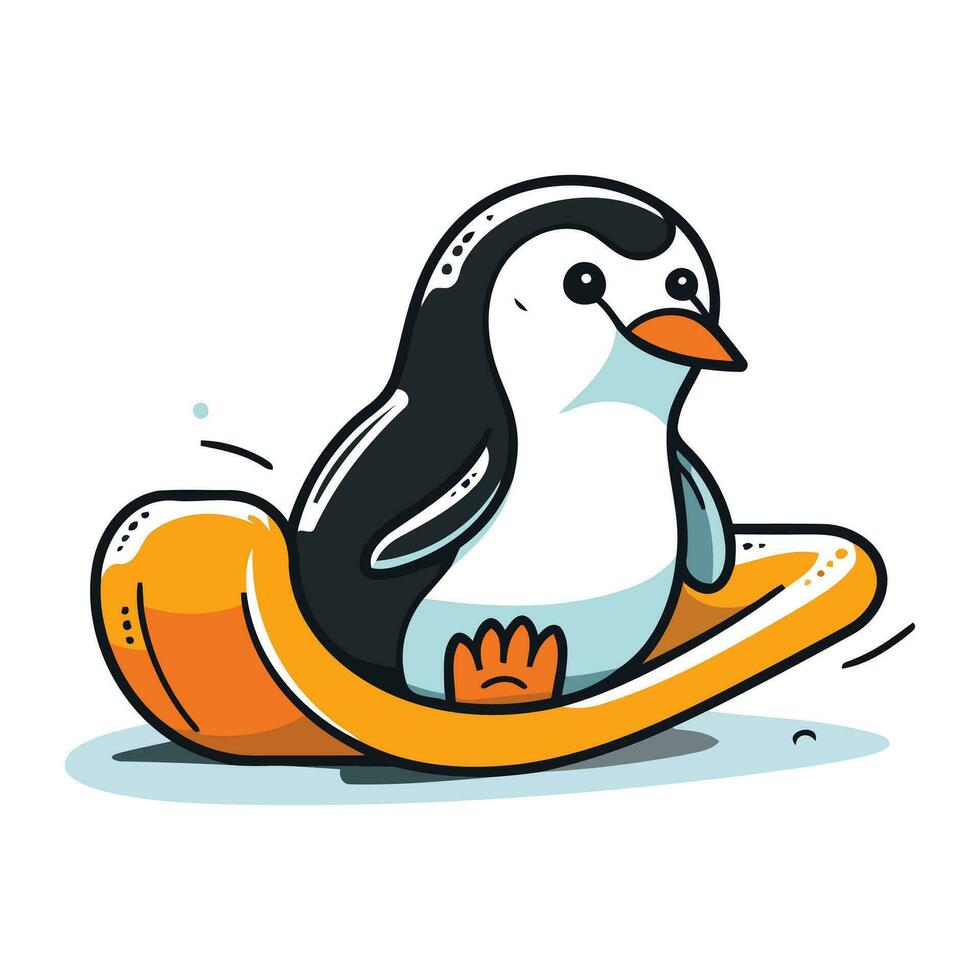 linda pingüino flotante en un inflable colchón. vector ilustración.