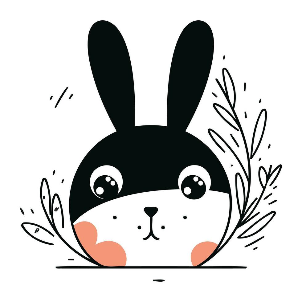 Cute cartoon bunny with flowers and leaves. Vector illustration isolated on white background.