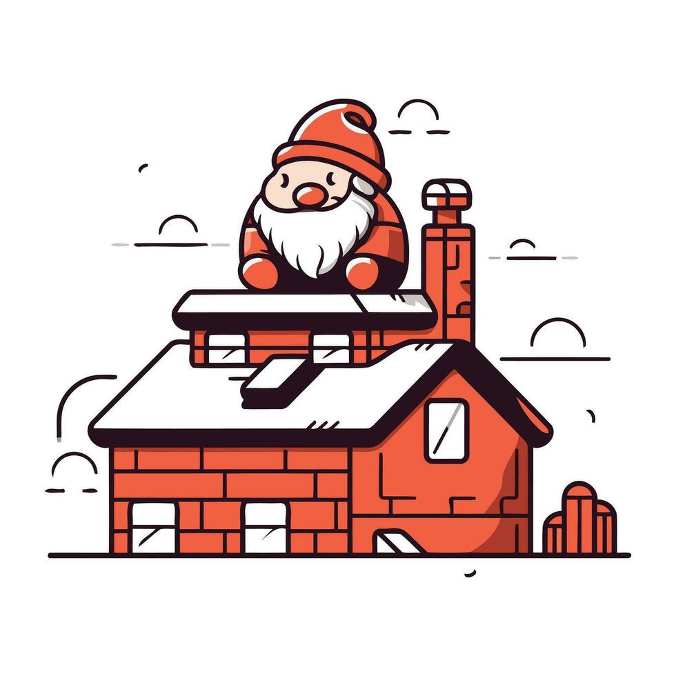 Santa Claus on the roof of the house. Vector illustration in a flat style