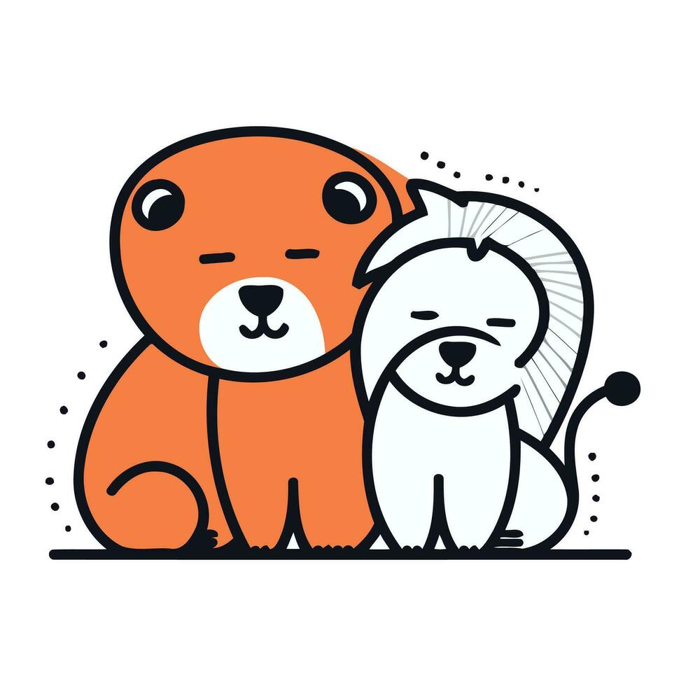 Cute cartoon lion and bear. Vector illustration in flat style.