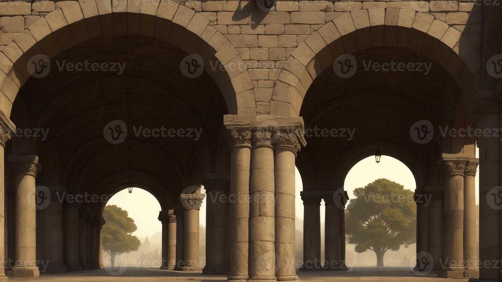 Ancient classic architecture stone arches with flames. photo