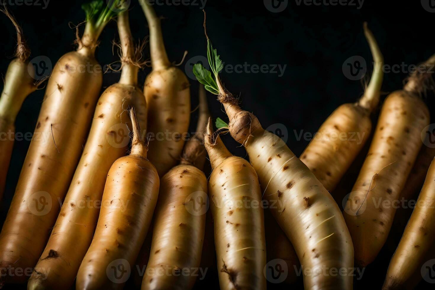 The camera is zoomed in on parsnips, which are placed on a dark background in a studio AI Generated photo
