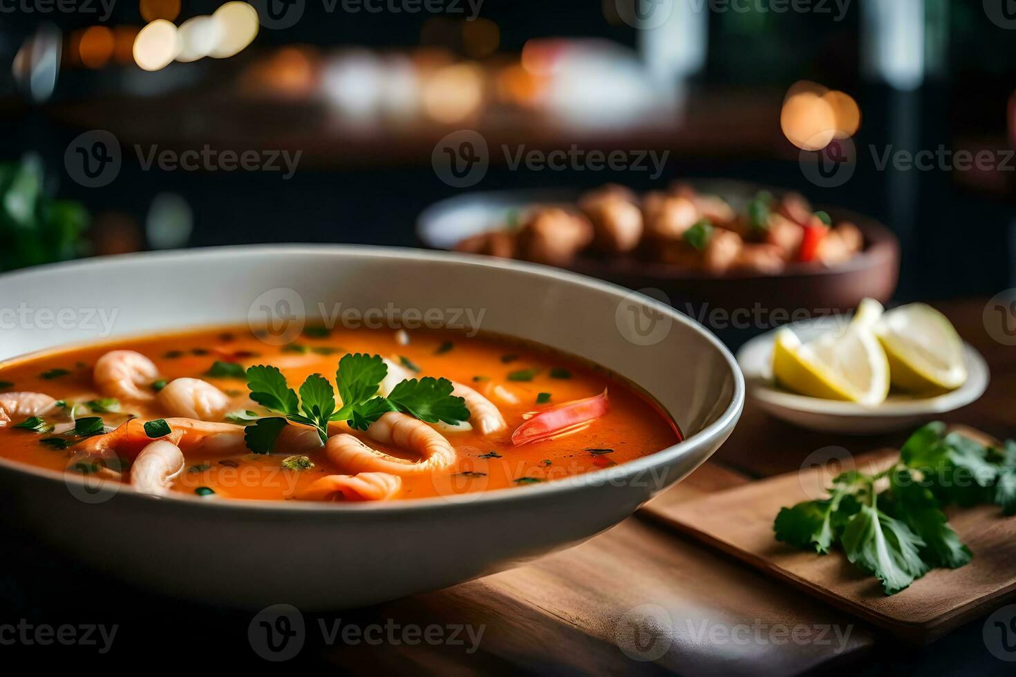 esta texto negociaciones acerca de consiguiendo un detallado Mira a tom ñam sopa detrás todo demás, allí es un muy bonito sitio a comer ai generado foto