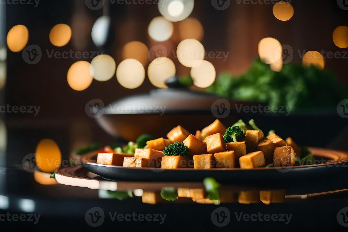 In the picture, there is a dish called Tofu Stir Fry, but the background is not clear photo