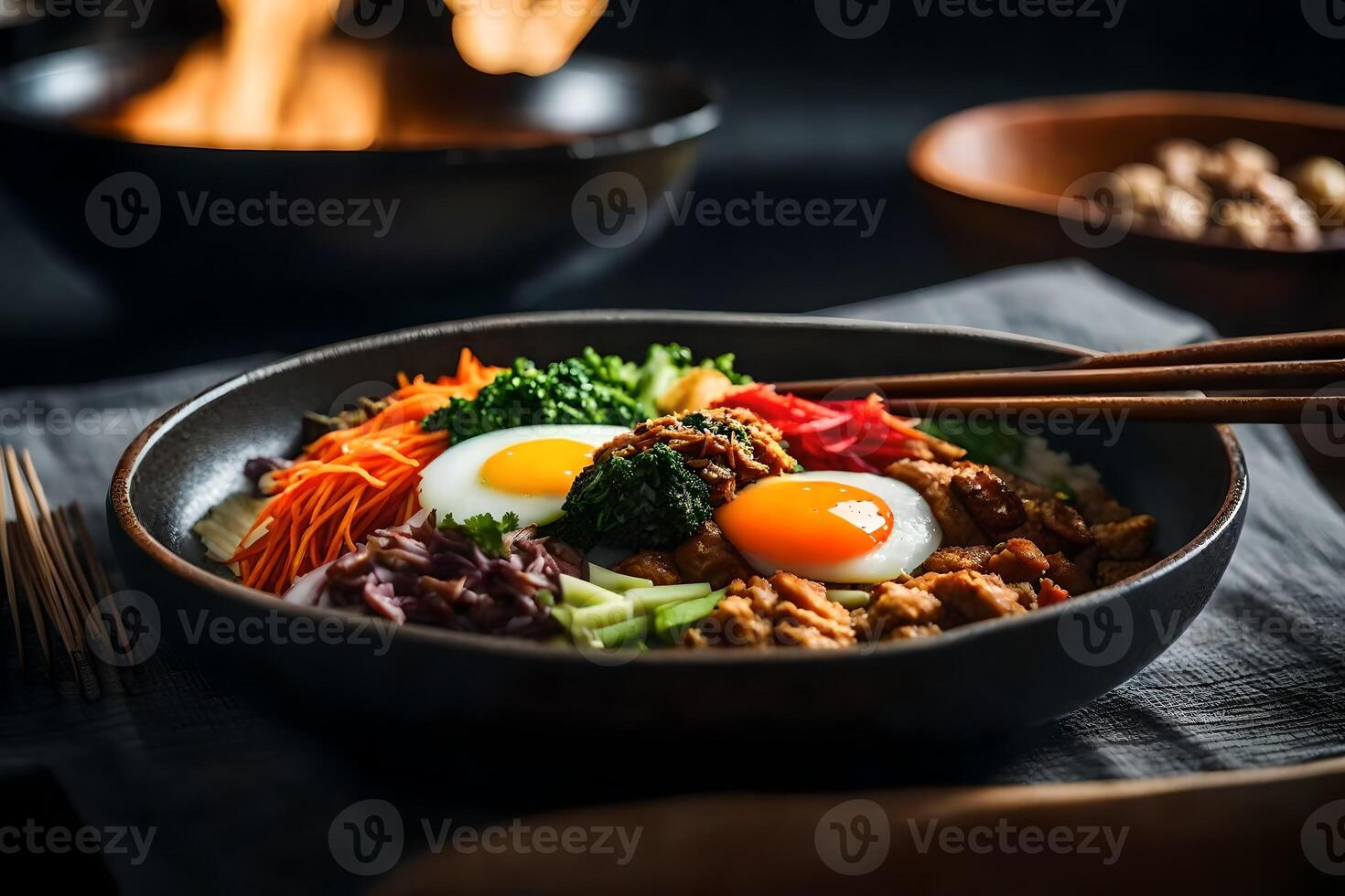 The camera is focused closely on Bibimbap, which is a well liked Korean dish The area behind it looks blurry or hard to see photo