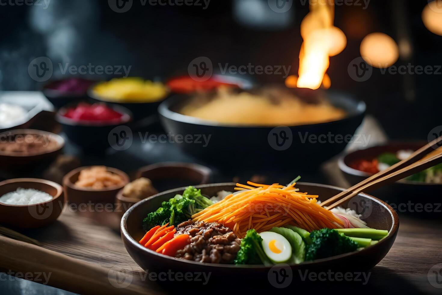 The camera is moving closer to show a yummy and well liked Korean meal called Bibimbap Sometimes it is hard to understand things and figure out why they happen photo