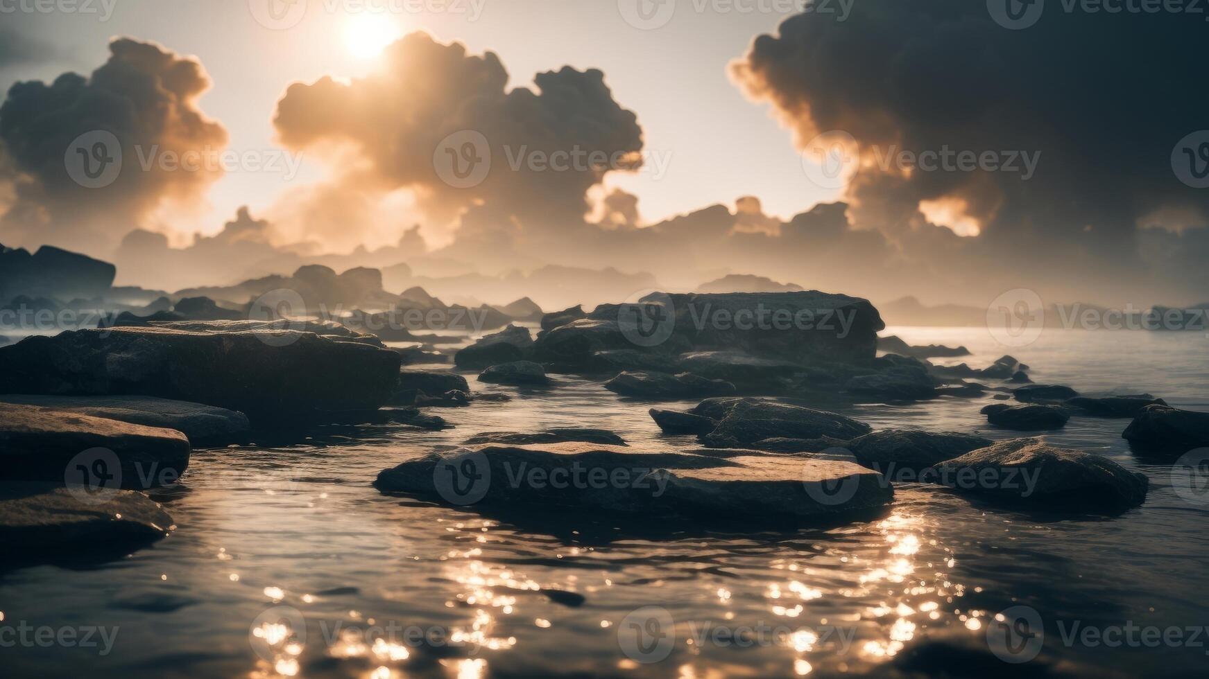 Abstract minimal concept. Dark background with natural granite stones podium on water and smoke surrounding. photo