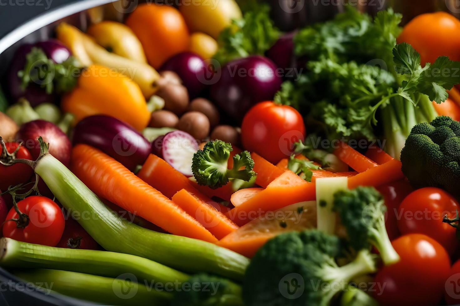 A picture of a bowl with vegetables, taken in a bright photo studio