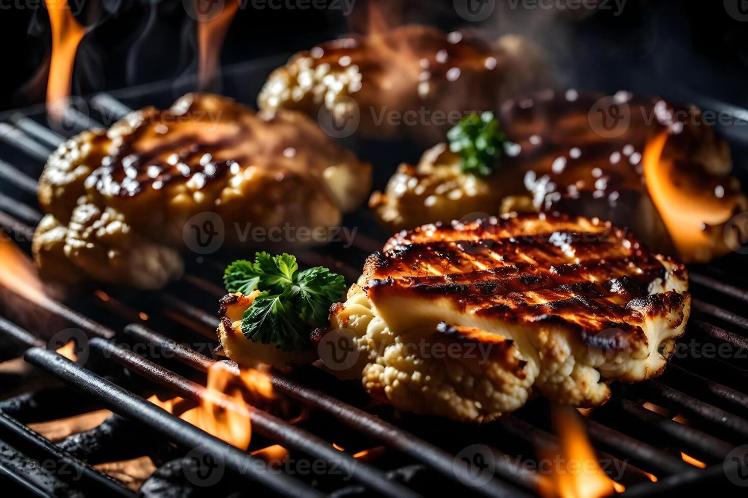 The camera gets closer to BBQ Cauliflower Steaks being cooked on a grill with flames in the background photo