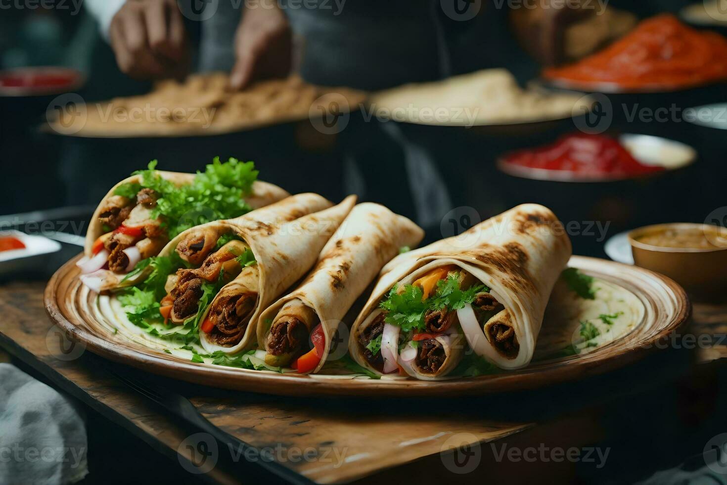 un delicioso medio oriental shawarma es desplegado en un ocupado comida mercado mesa ai generado foto