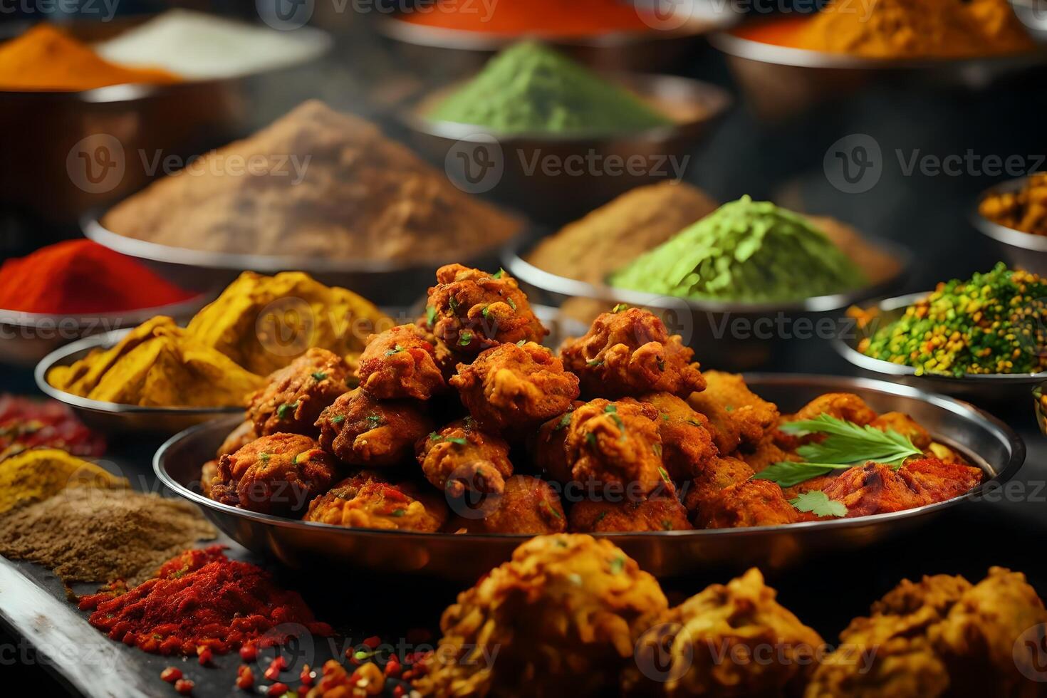 There is a stall in a busy market that has spicy Indian pakoras on display There are many different colorful spices nearby AI Generated photo