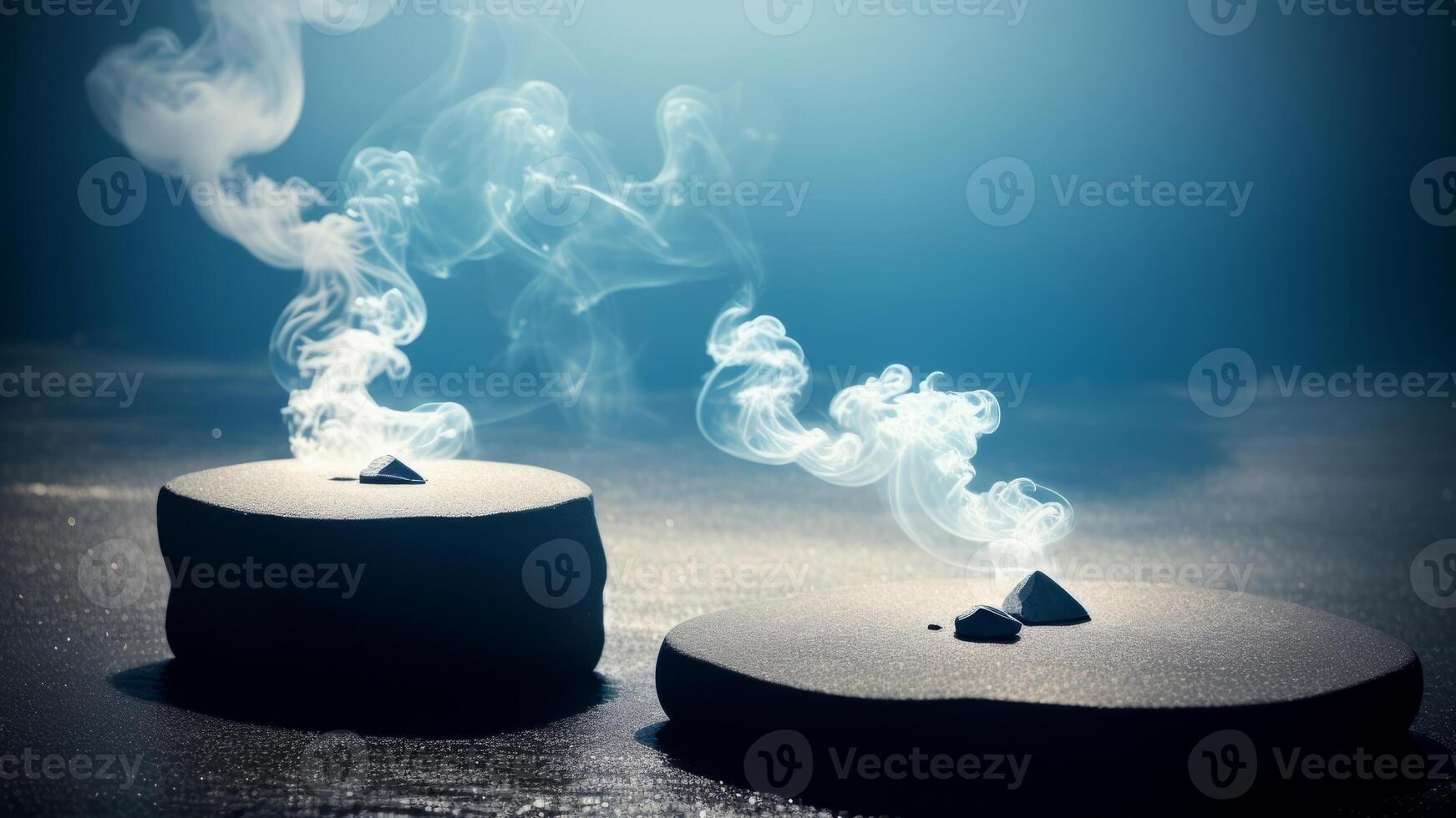 Abstract minimal concept. Dark background with natural granite stones podium on water and smoke surrounding. photo