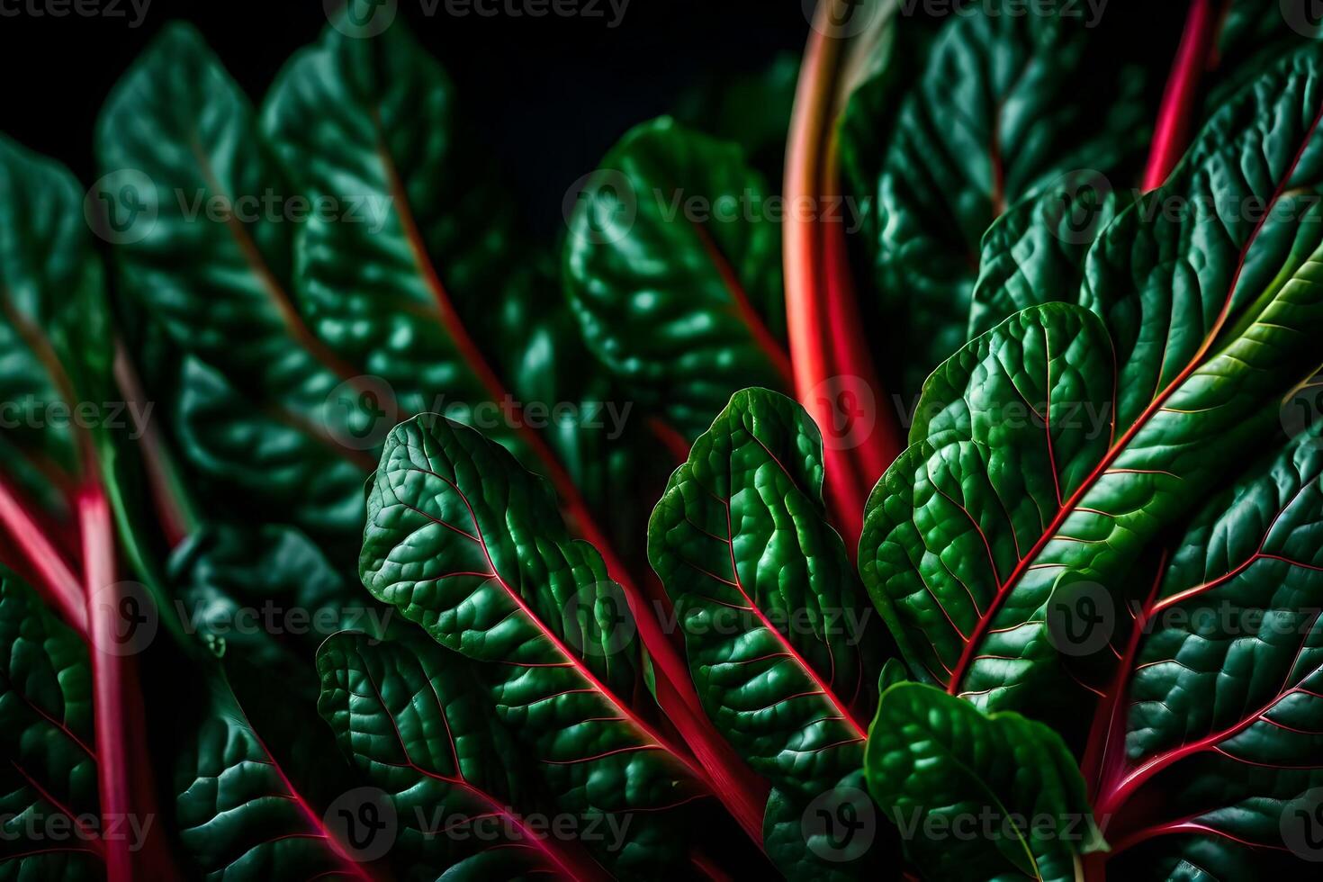 Look closely at Swiss Chard, a vegetable shown in a studio with a plain black background AI Generated photo