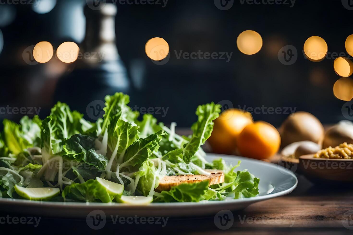 The camera moved closer to a Caesar salad, and far away there was a blurry picture of a clean blacksmith workshop photo