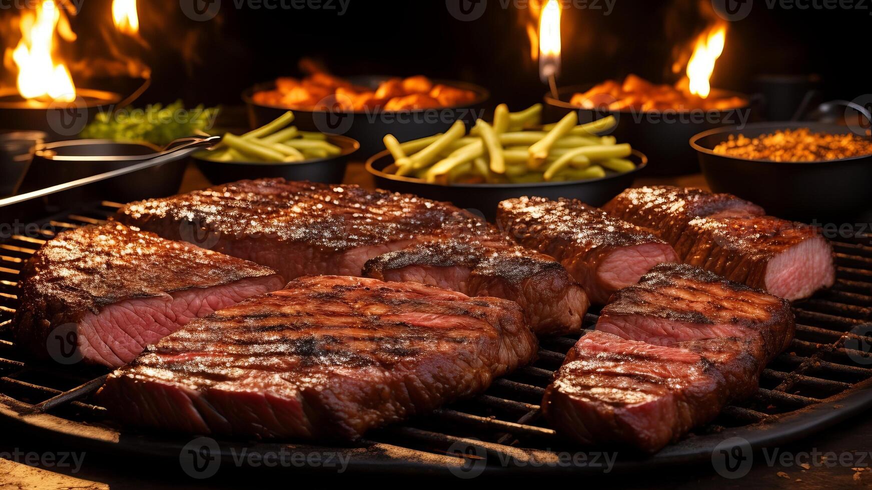 close up of meat on the grill and group of friends at background. photo