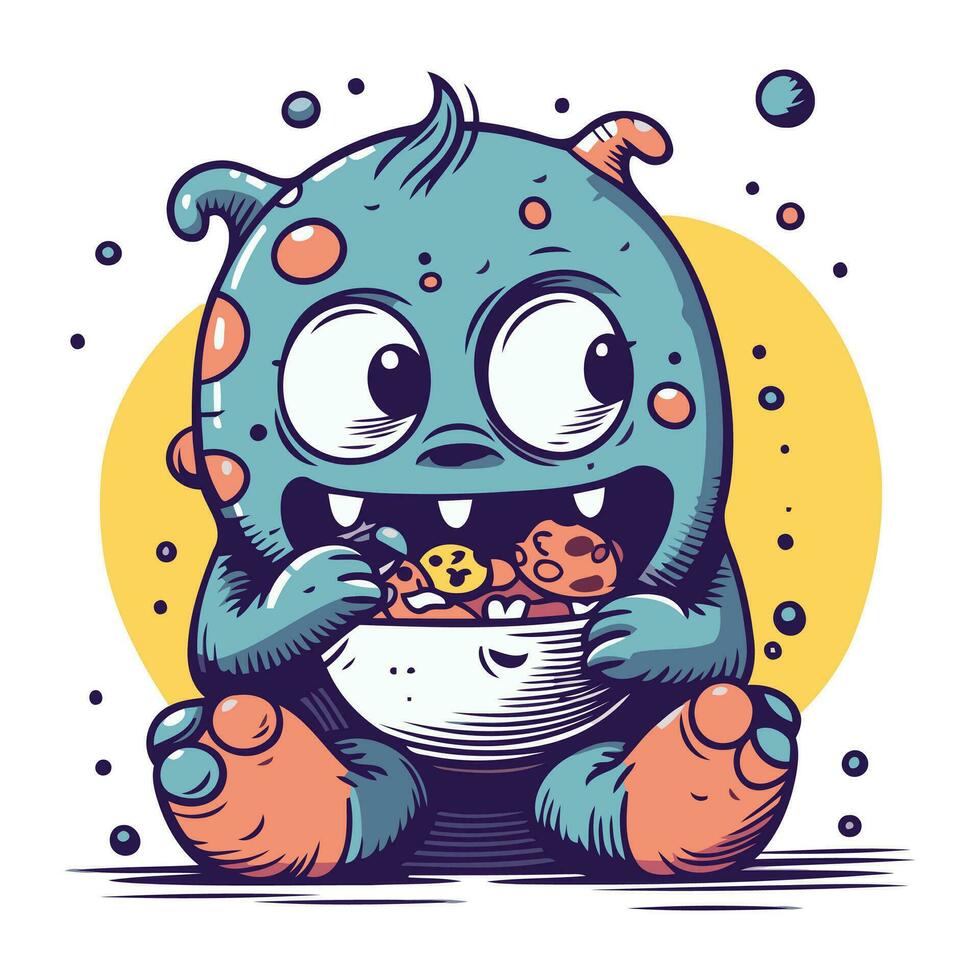 linda dibujos animados monstruo comiendo un cuenco de Palomitas. vector ilustración.