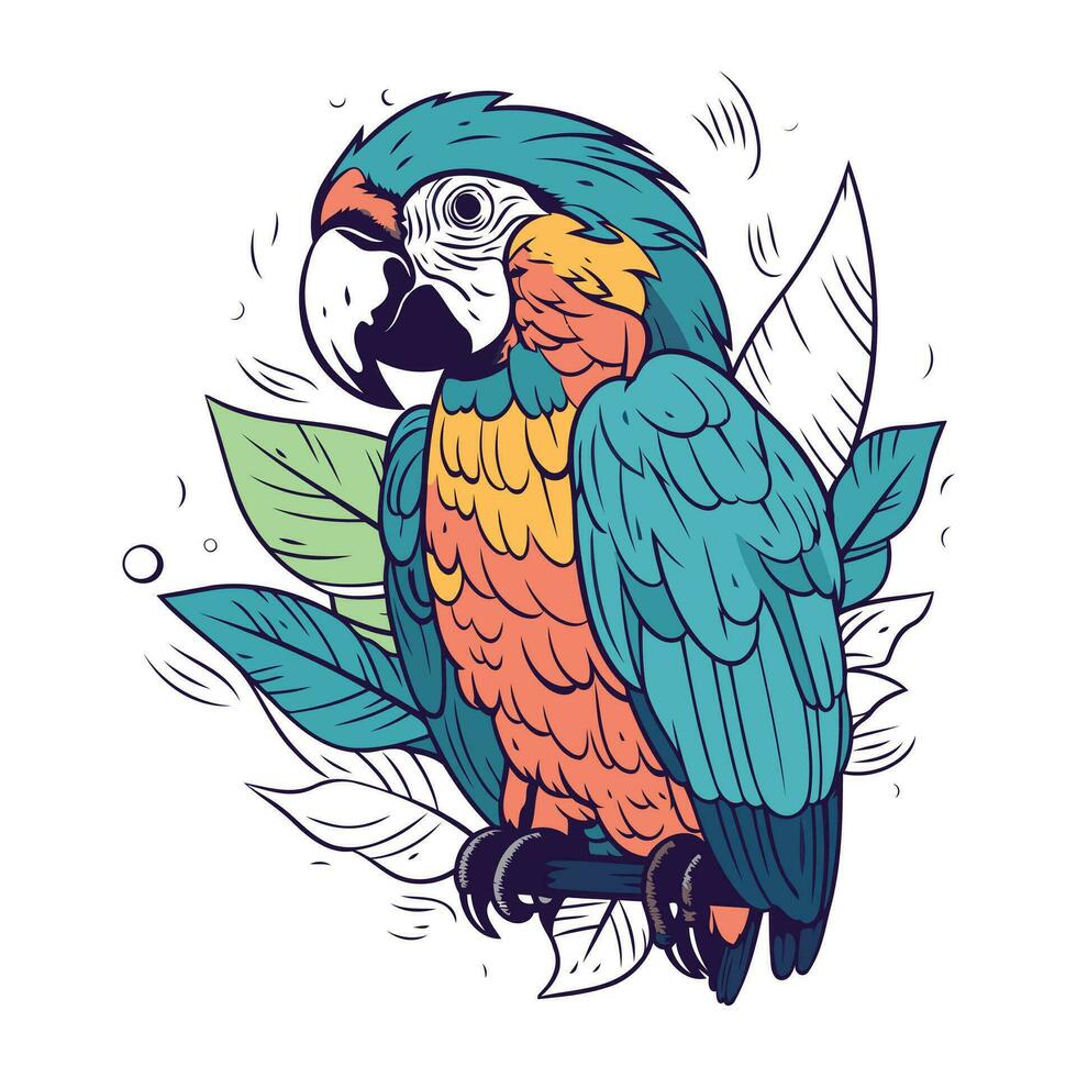 Parrot with leaves. Vector illustration in doodle style.