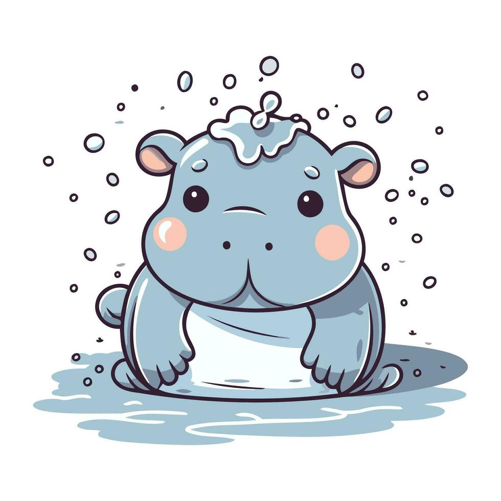 Hippo in the rain. Cute cartoon vector illustration.
