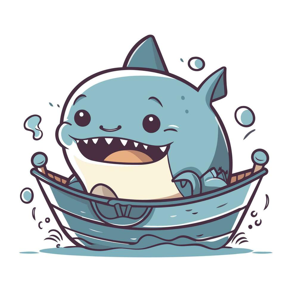 Cartoon shark in a boat. Vector illustration on white background.