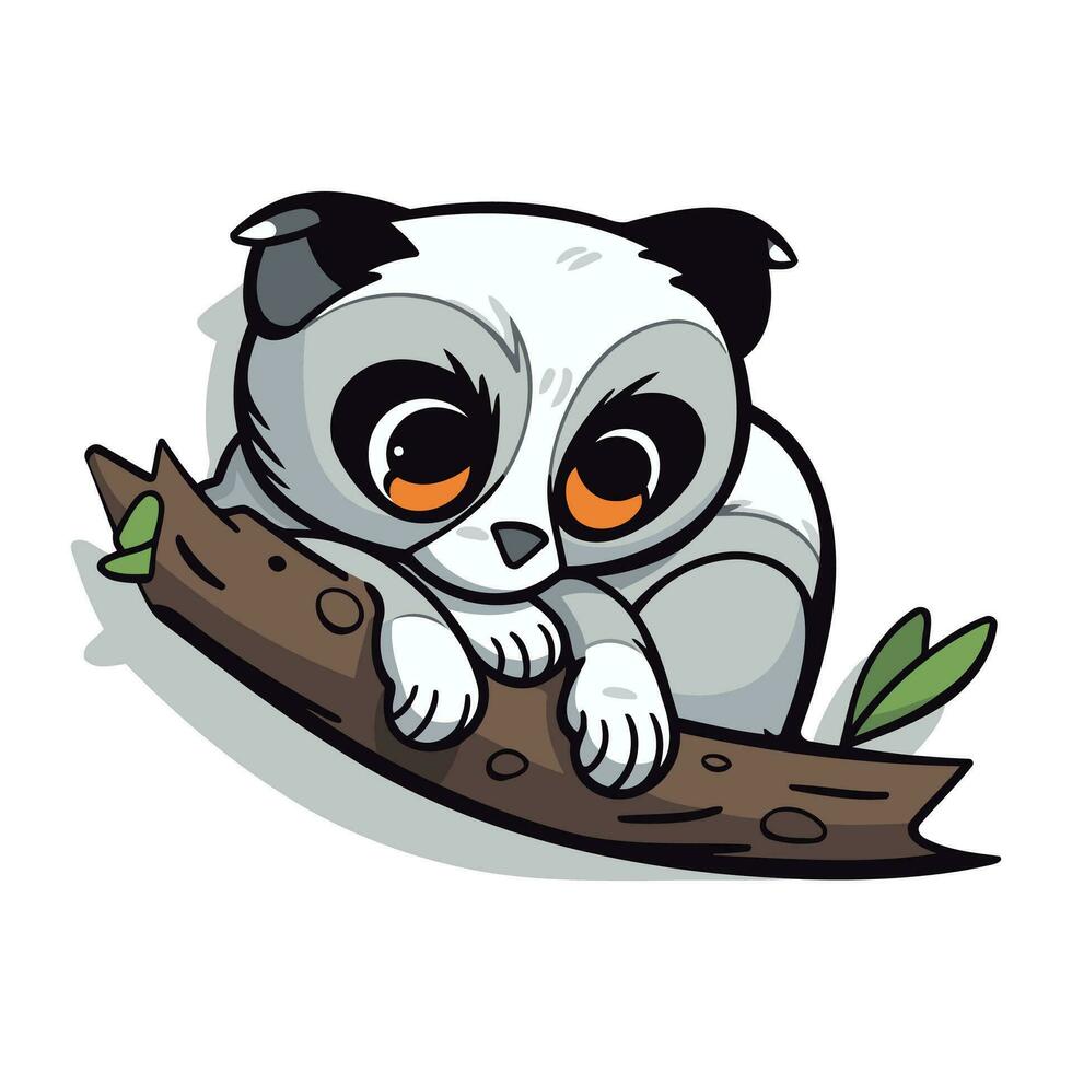 Cute cartoon panda bear on a branch. Vector illustration.