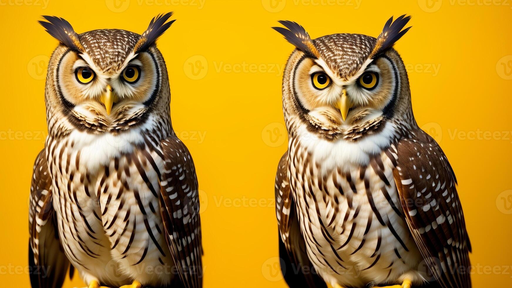 Studio portrait of surprised owl, on studio background. photo