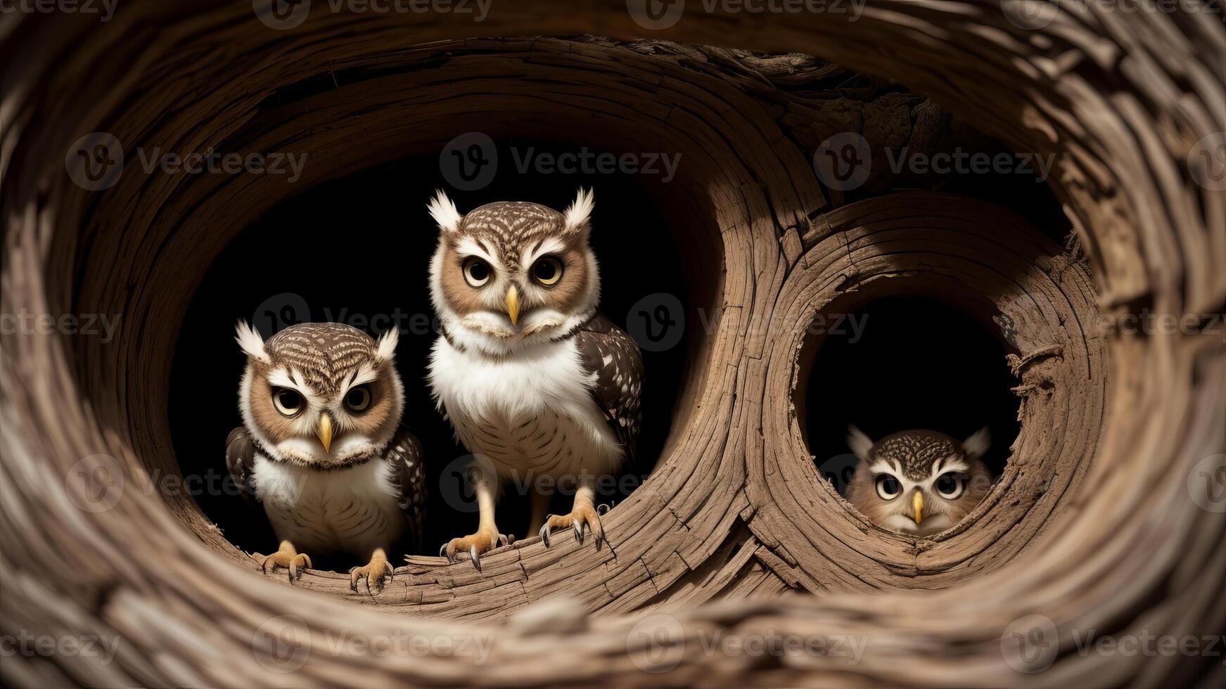 Curious two baby owls inside tree hole nest peeking out of the hole. photo