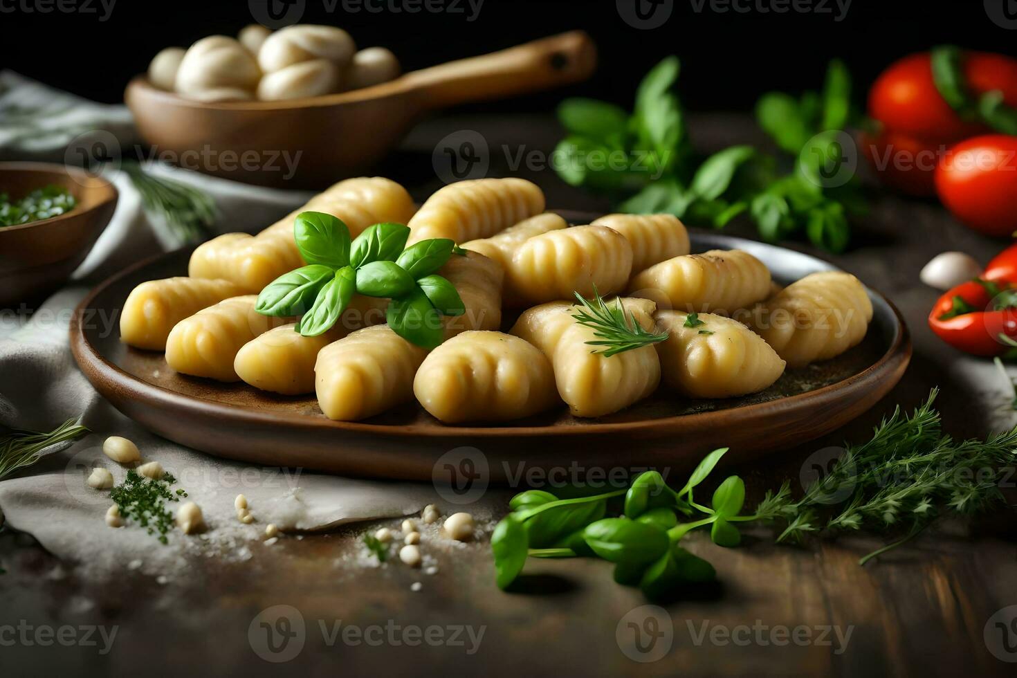 A piece of delicious Italian gnocchi is placed on an old kitchen counter, with fresh herbs all around it AI Generated photo