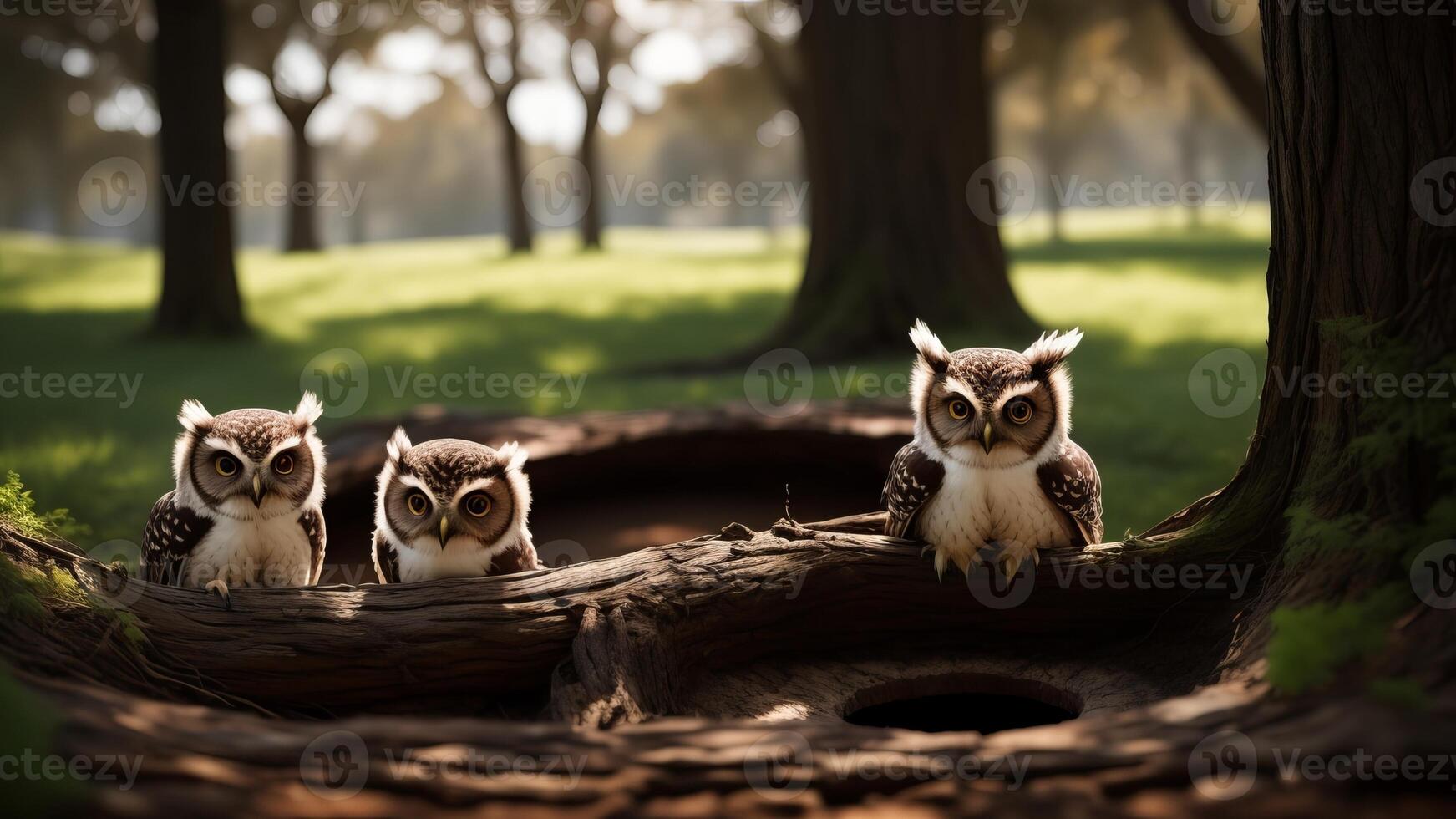 Curious two baby owls inside tree hole nest peeking out of the hole. photo