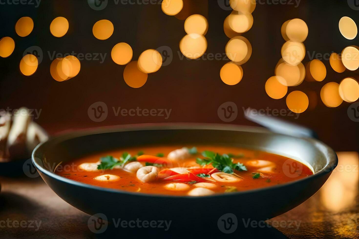 Zoom in on a tasty bowl of Tom Yum Soup, with a pretty blurred background AI Generated photo