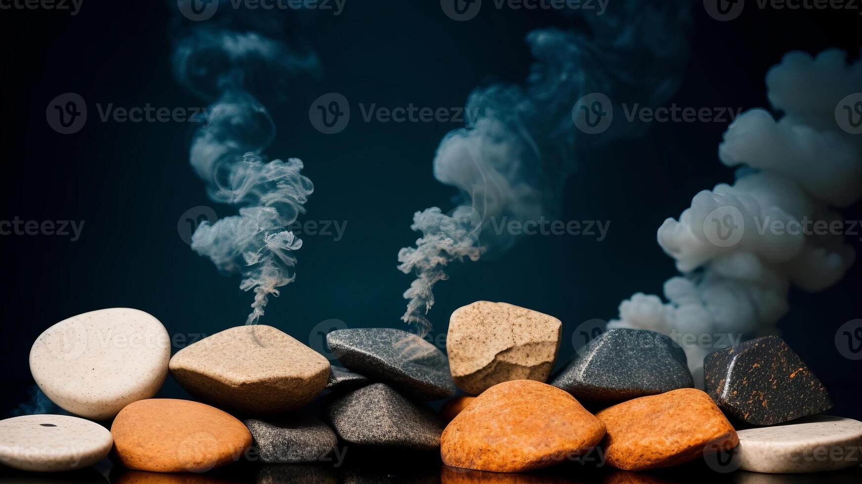 Abstract minimal concept. Dark background with natural granite stones podium on water and smoke surrounding. photo