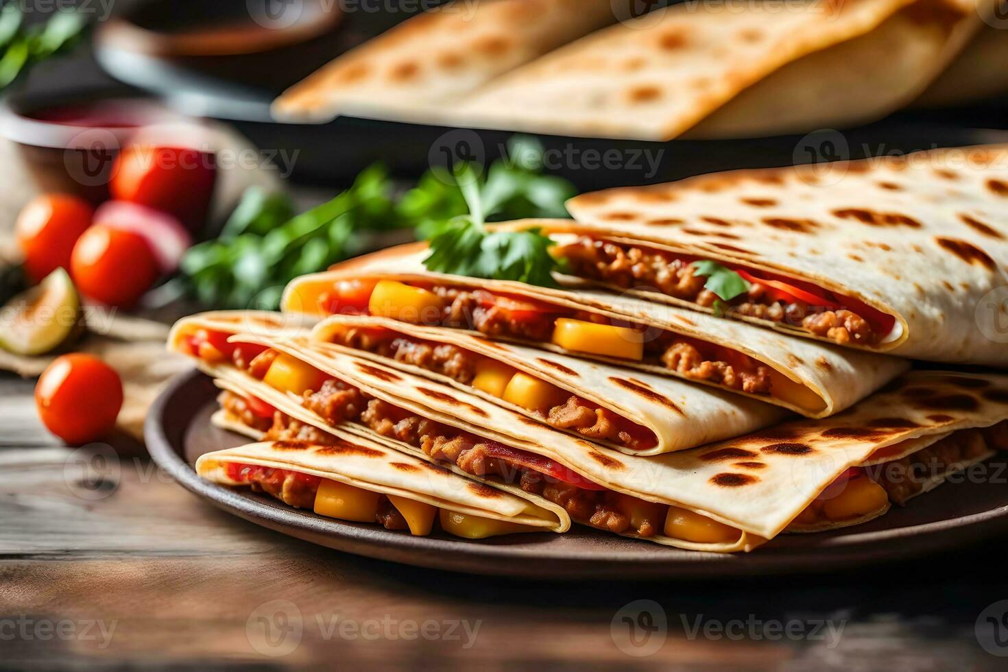 el cámara es Moviente cerca a tomar un imagen de un Quesadilla allí es un fuerte ligero viniendo desde detrás eso en el estudio ai generado foto