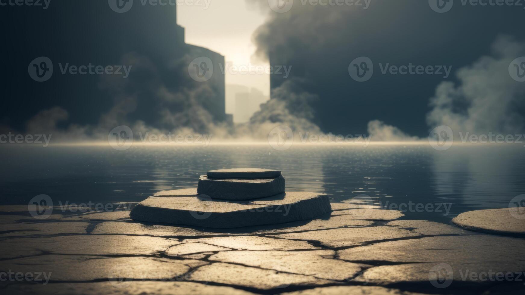 Abstract minimal concept. Dark background with natural granite stones podium on water and smoke surrounding. photo
