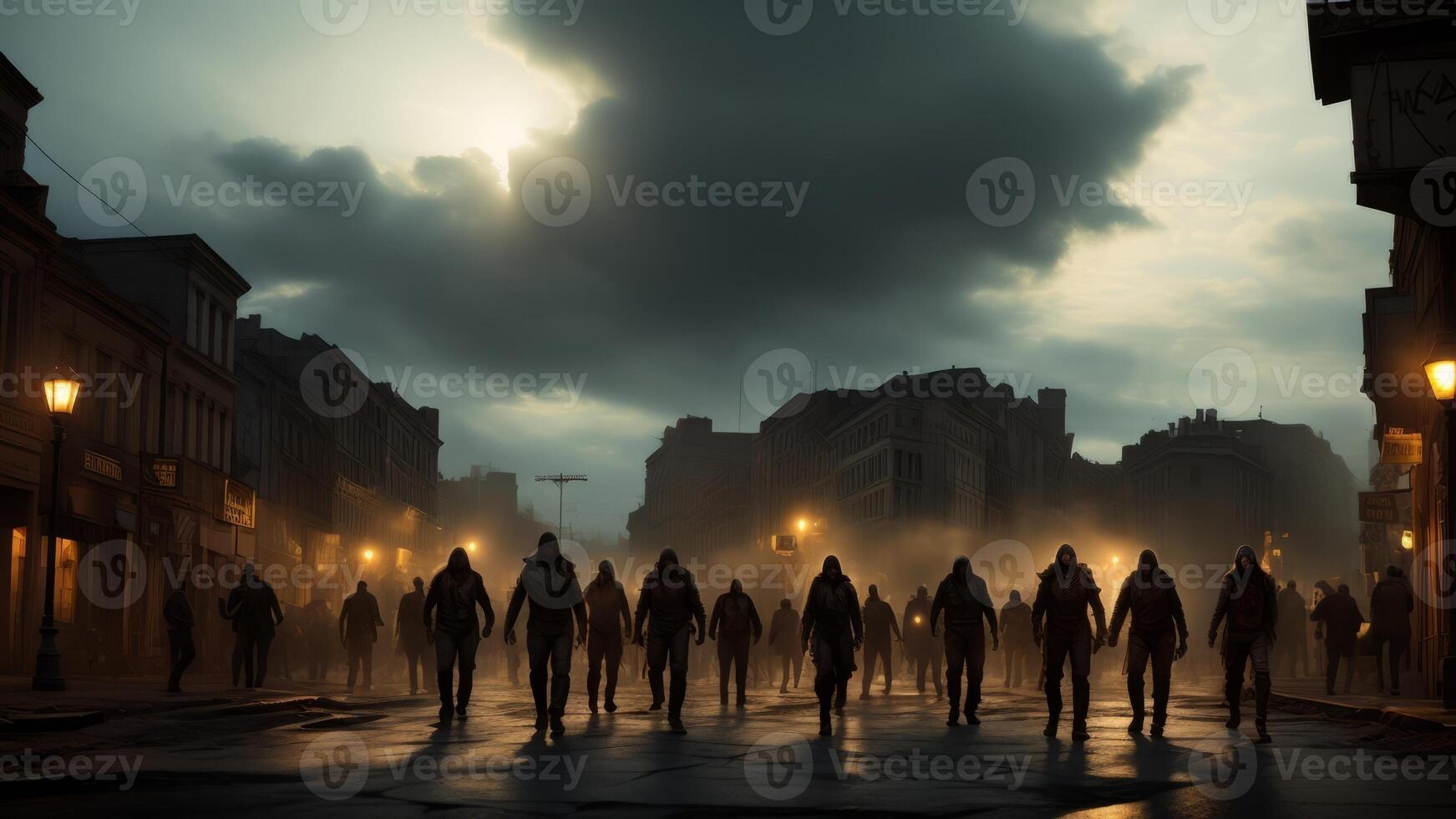 Apocalypse fantasy scene group of zombie walking. Halloween concept. photo